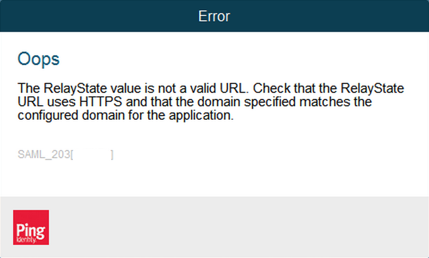 SAML_203 The RelayState value is not a valid URL. Check that the